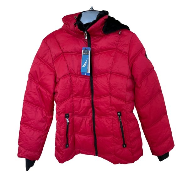 Nautica Jackets & Blazers - NAUTICA || Women's Red Removable Hooded Fur Trim Puffer Jacket - Size L NWT